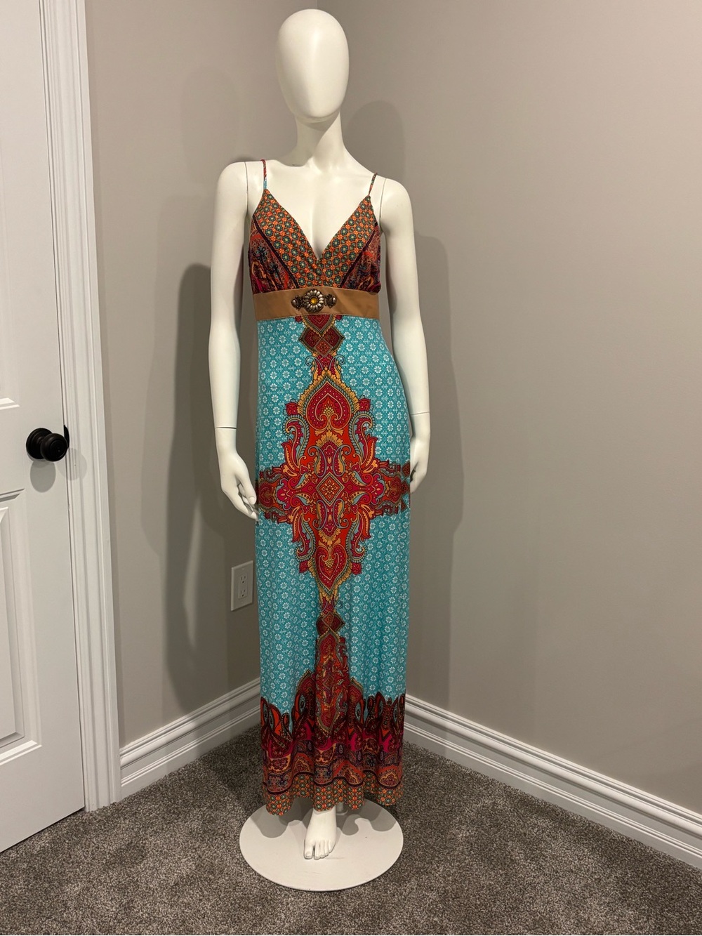 VENUS Turquoise and Red Patterned Spaghetti-Strap Maxi Dress
